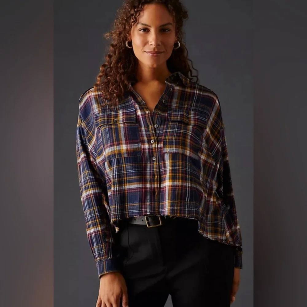 Anthropologie Pilcro Cropped Plaid Button-Down Shirt Top Blue Small Oversized - Picture 15 of 16
